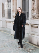 Mink fur coat, dark color, full-length front view with button-front and side pockets
