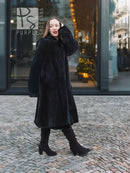 Dark mink fur coat with button-front and stand collar, full-body side view.