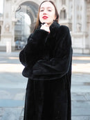 Dark mink fur coat with high collar and button placket, chin-up close view.