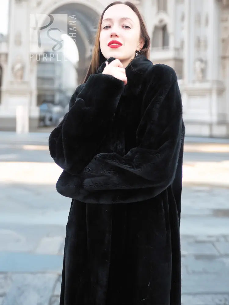 Dark mink fur coat with high collar and button placket, chin-up close view.