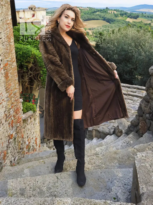 Dark brown fur coat with hooded collar, open front, and long sleeves