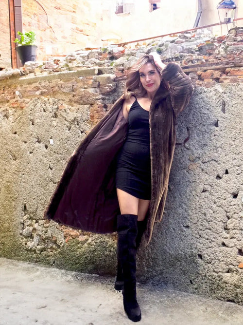 Long dark brown beaver fur coat with wide collar and flowing hem, front view