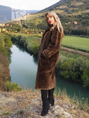 Sheared beaver fur coat, long brown, full-length with tailored front and side pockets