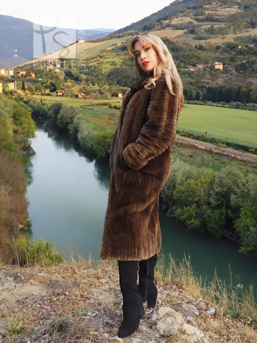 Sheared beaver fur coat, long brown, full-length with tailored front and side pockets