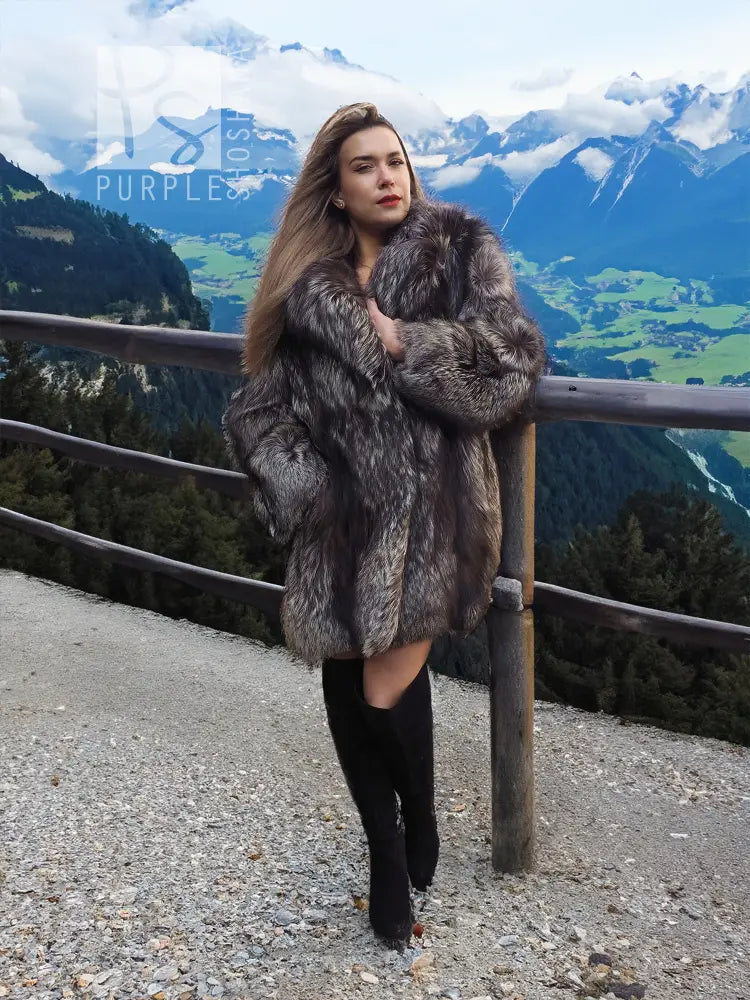 Long fur coat with thick textured shoulders and open front, dark gray