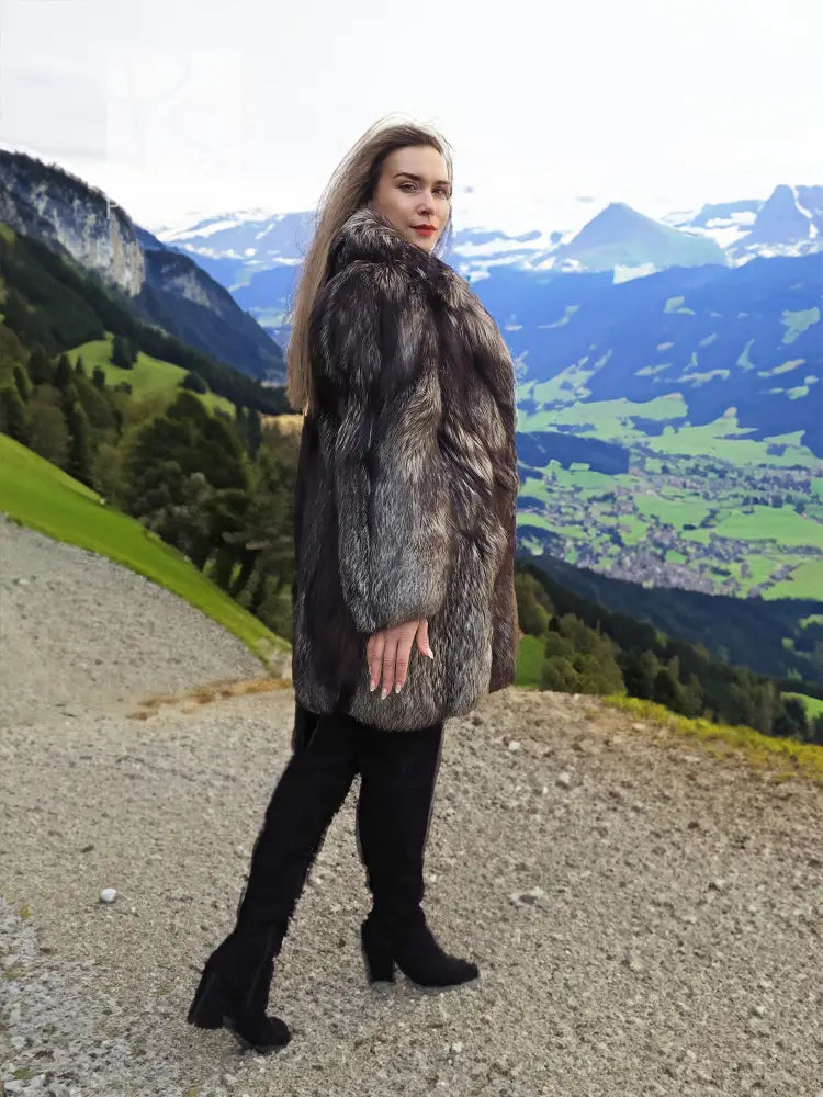 Long fur coat in dark gray with plush collar and open front
