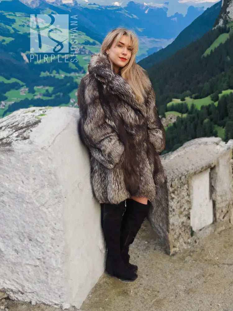 Silver fox fur coat long jacket with sculpted sleeves in gray and black textured fur