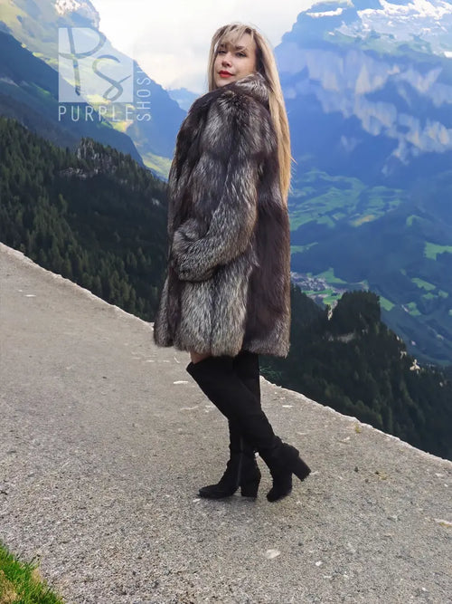 Long dark gray fur coat with sculpted sleeves and open front