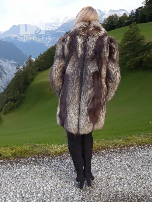 Silver fox fur coat long jacket, back view with dense gray-and-black fur finish