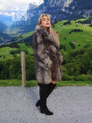 Silver fox fur coat long jacket with open front, dark gray and black fur texture