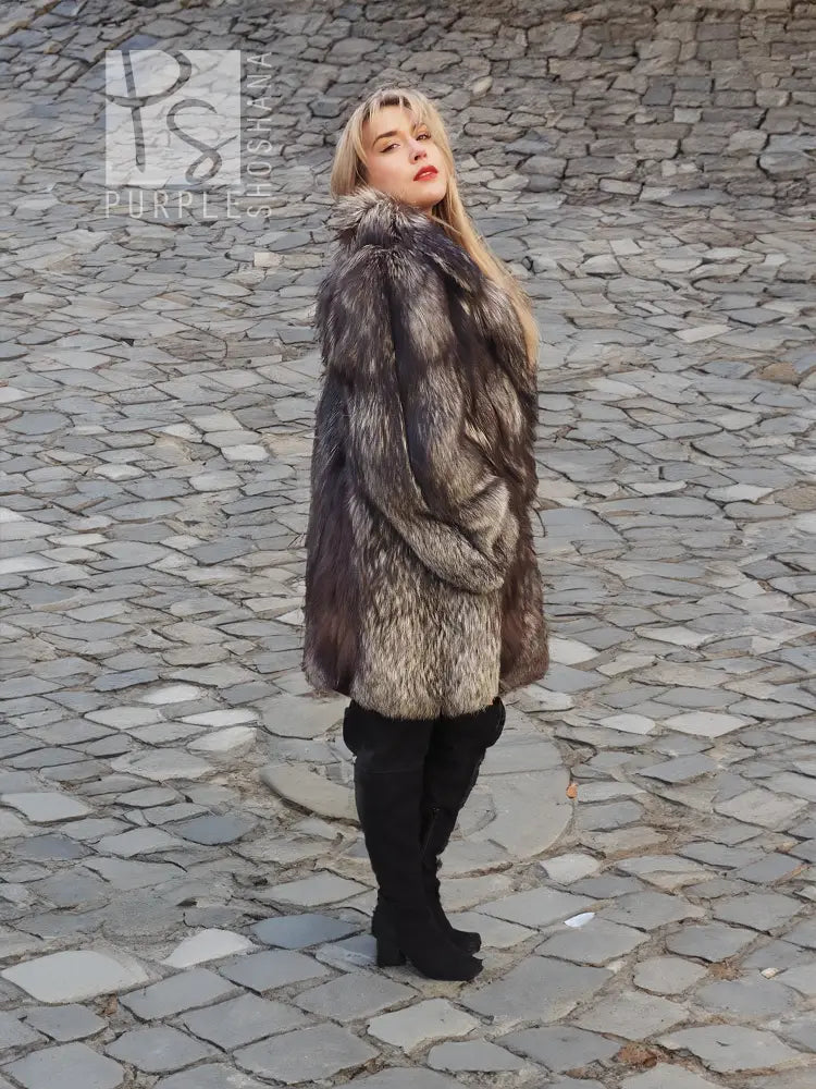 Silver fox fur coat long jacket with hoodless collar, dark gray and black shaggy fur