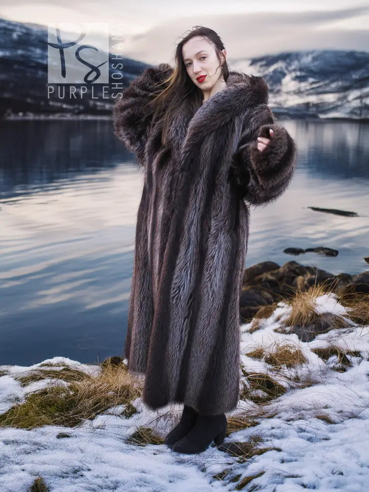 Silver Tip Canadian Hooded Raccoon Fur Coat Coats L 50" Long