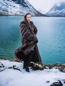 Hooded long raccoon-fur coat in dark brown with striped body and open front