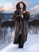 Hooded dark brown fur coat with plush collar and buttoned front appearance.