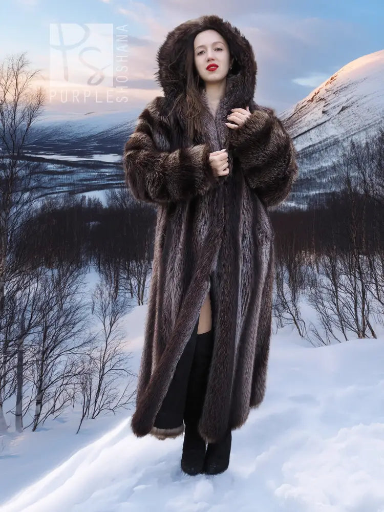 Hooded dark brown fur coat with plush collar and buttoned front appearance.