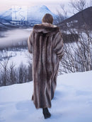 Hooded long fur coat with dark brown striped texture and open front
