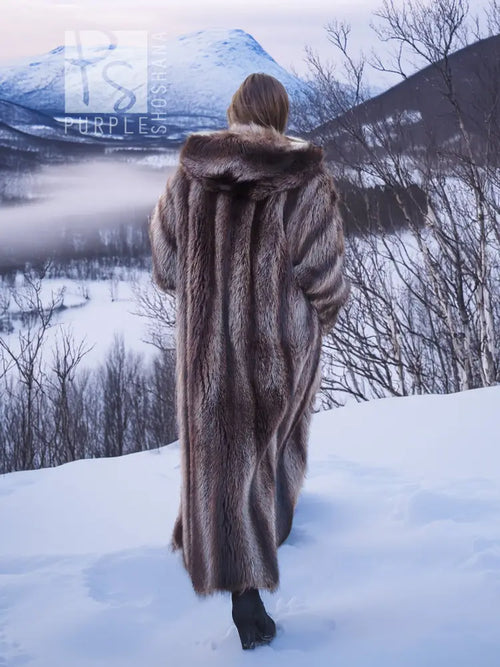 Hooded long fur coat with dark brown striped texture and open front