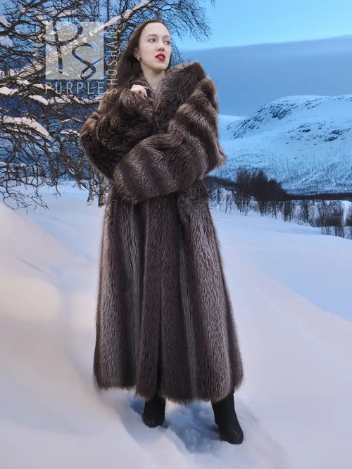 Long hooded dark brown fur coat with wide collar and full sleeves, front view.