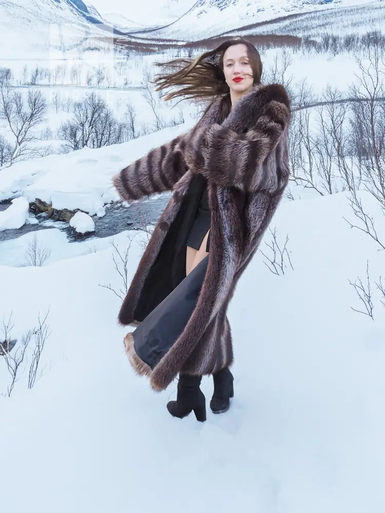 Hooded long fur coat with dark brown striped finish and open front