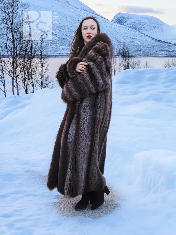 Hooded raccoon fur coat, dark brown, long length, with full-length sleeves and belt