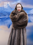 Dark brown raccoon fur coat close-up of wide fur collar and long front panel.