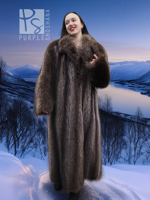 Long dark brown fur coat with full sleeves and relaxed fit, open front