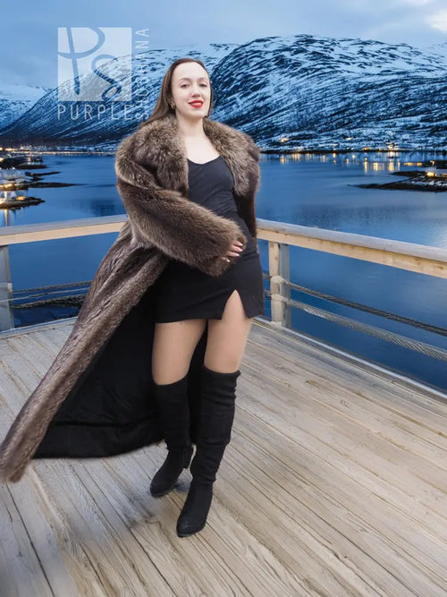 Long raccoon fur coat with wide fur collar and dark brown textured sleeves