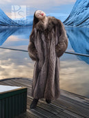 Hooded dark brown raccoon fur coat with structured collar and long sleeves.