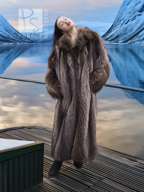 Hooded dark brown raccoon fur coat with structured collar and long sleeves.