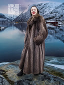 Hooded long raccoon fur coat, dark brown with full-length sleeves and front button placket.