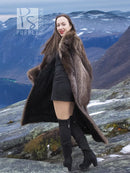 Long raccoon fur coat with open front, broad collar, and dark brown shaggy fur