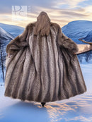 Raccoon fur coat with hood, dark gray-brown plush fur.