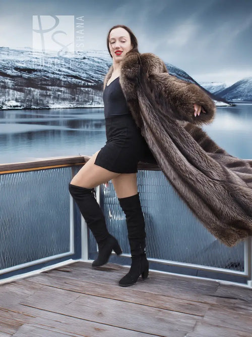 Long dark brown fur coat with oversized fur wrap collar and long sleeves