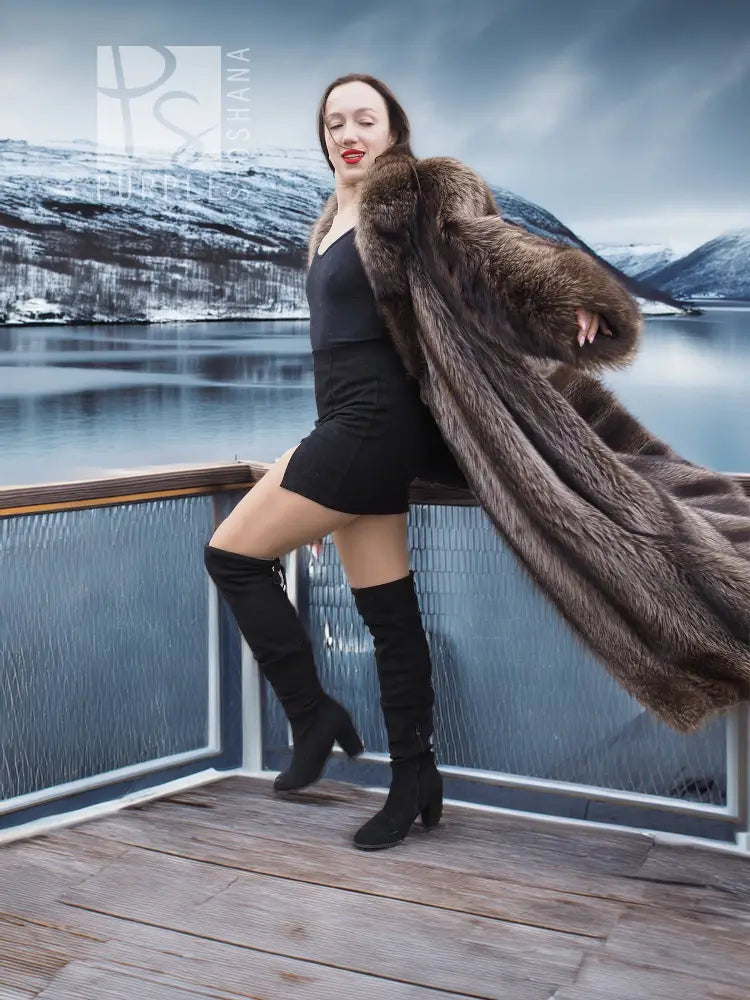 Long dark brown fur coat with oversized fur wrap collar and long sleeves