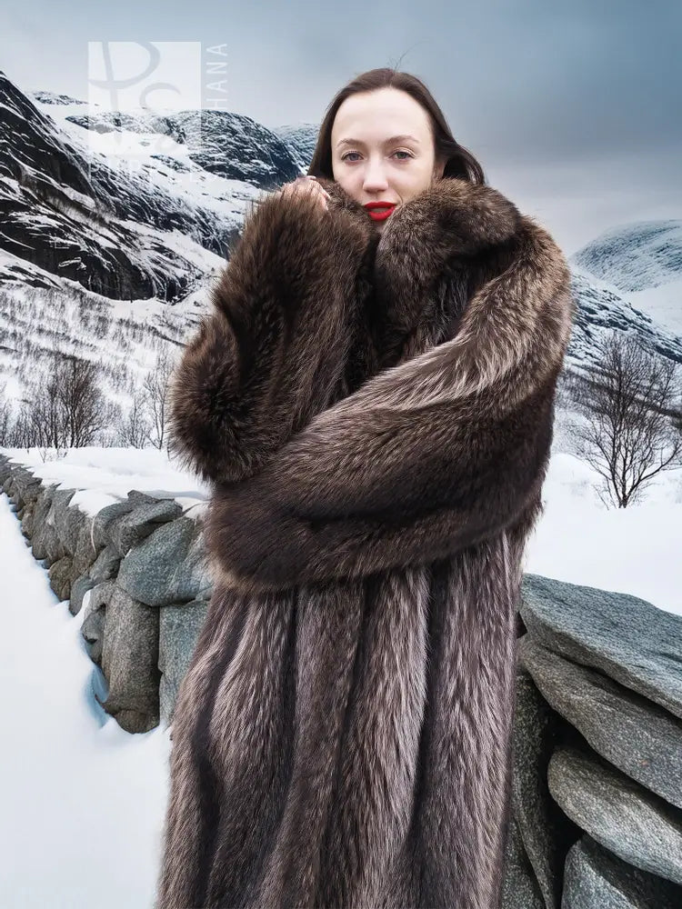 Dark brown raccoon fur coat with thick fur collar and long vertical fur panel detail.