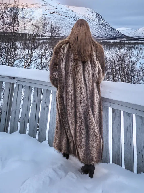 Long dark brown fur coat, back view with open front and full length sleeves
