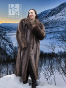 Dark brown hooded raccoon fur coat with wide shoulder fur and open front sides.