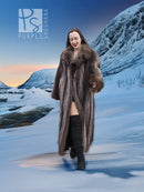 Full-length dark brown raccoon fur coat with wide collar and open front.