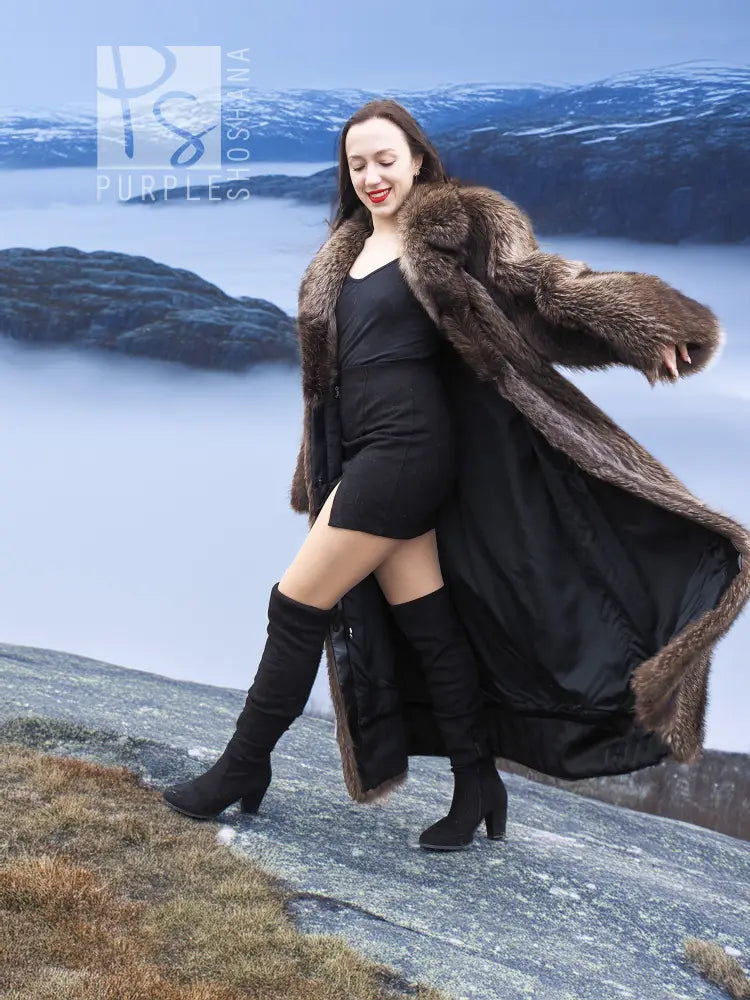 Dark brown fur coat with wide collar and long sleeves, open front