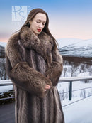 Dark brown raccoon fur coat with voluminous collar and long fur sleeves.