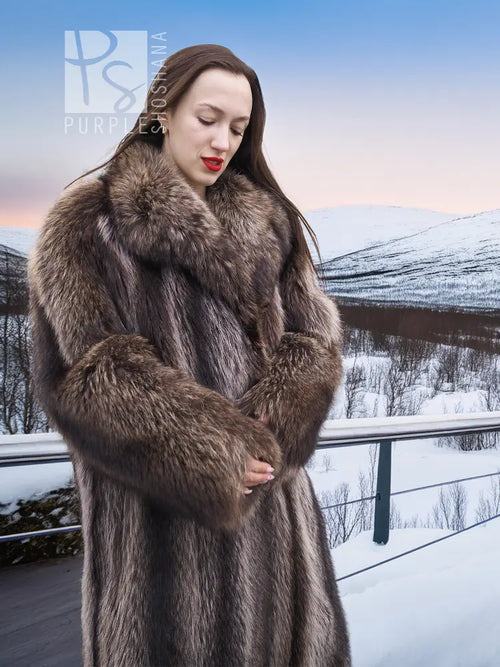 Dark brown raccoon fur coat with voluminous collar and long fur sleeves.