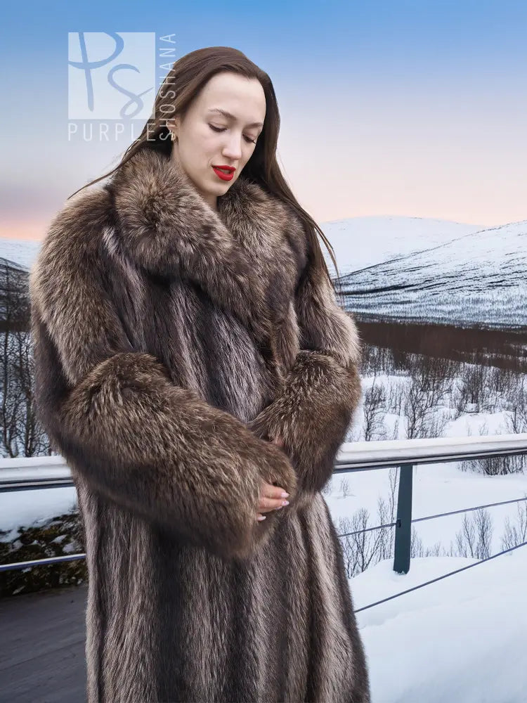 Dark brown raccoon fur coat with voluminous collar and long fur sleeves.