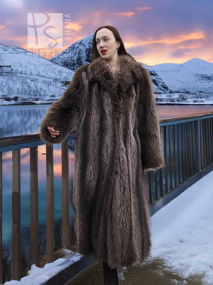 Raccoon fur long coat with wide shoulders, stand collar, and dark brown shag texture