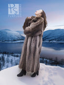 Long raccoon fur coat from side view with high collar and dark brown fur texture