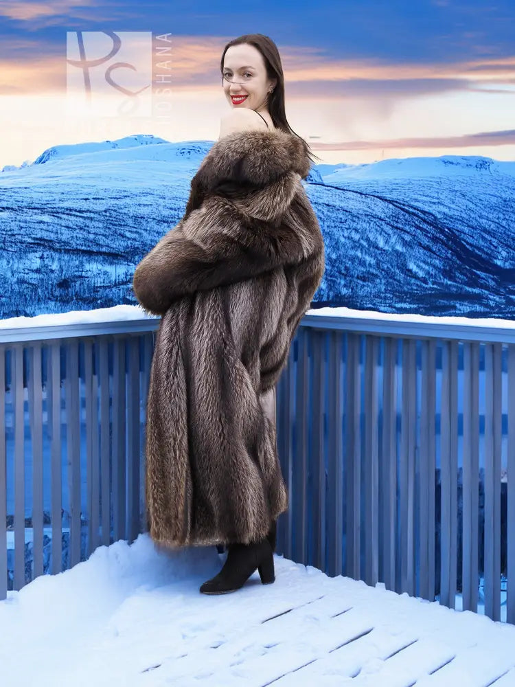 Long raccoon fur coat with stand collar and dark brown textured fur front panel