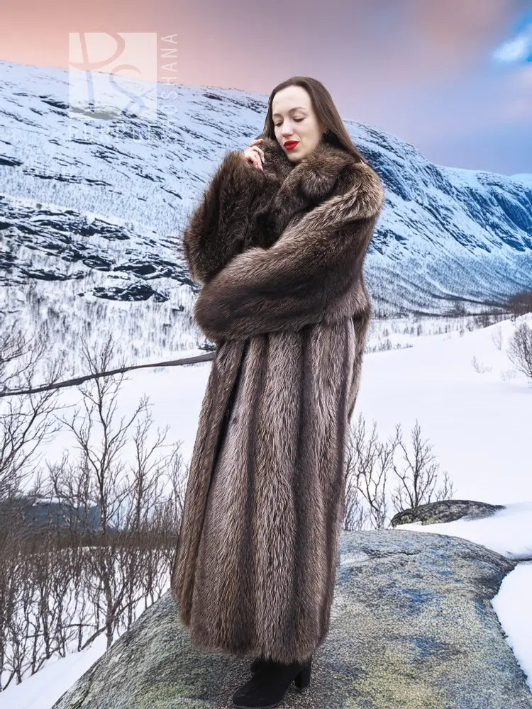 Long dark brown raccoon fur coat with hood and thick collar, wrap-style arm fold.
