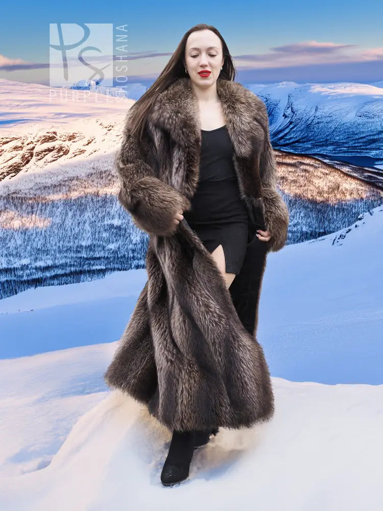 Long raccoon fur coat with stand collar, open front, and dark brown shaggy fur