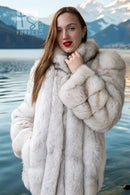 Light fur jacket with thick padded collar, plush cuffs, and front zipless design