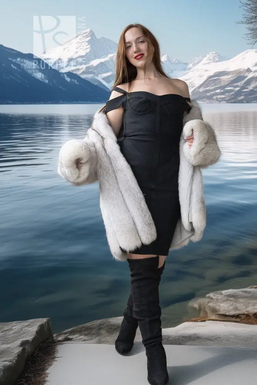 White fur wrap-style jacket with fur cuffs, open front, short length