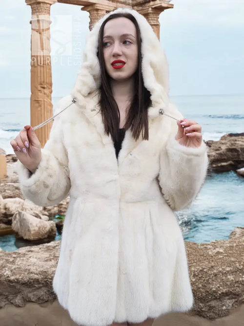 Women’s mink fur hooded coat, light beige, full hood with draped trim and chest buttons